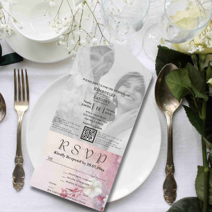 White Cherry Blossom Mauve Photo QR Code Website All In One Invitation