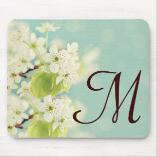 White Cherry Blossom Monogram Initial Mouse Pad