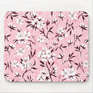 White cherry blossom mouse pad