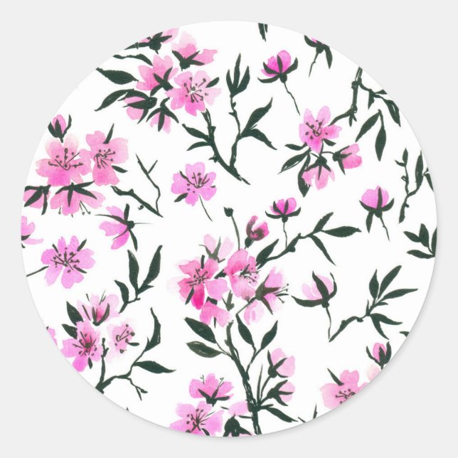 White cherry blossom on white classic round sticker (Front)
