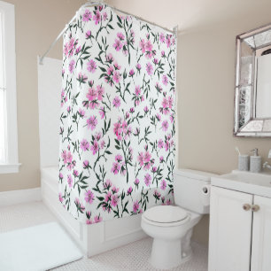 White cherry blossom on white shower curtain