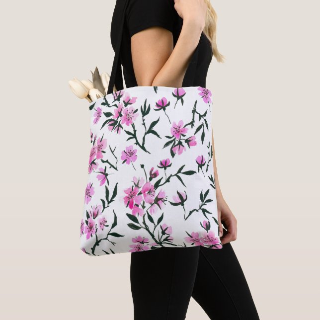 White cherry blossom on white tote bag (Close Up)