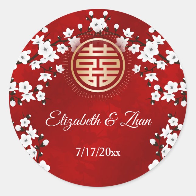 White Cherry Blossom Red Chinese Wedding  Classic Round Sticker (Front)