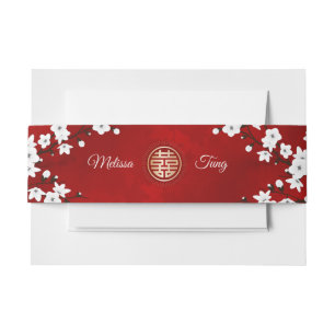 White Cherry Blossom Red Chinese Wedding Custom Invitation Belly Band