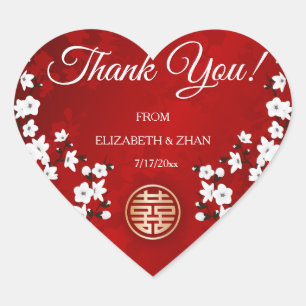 White Cherry Blossom Red Chinese Wedding Thank You Heart Sticker
