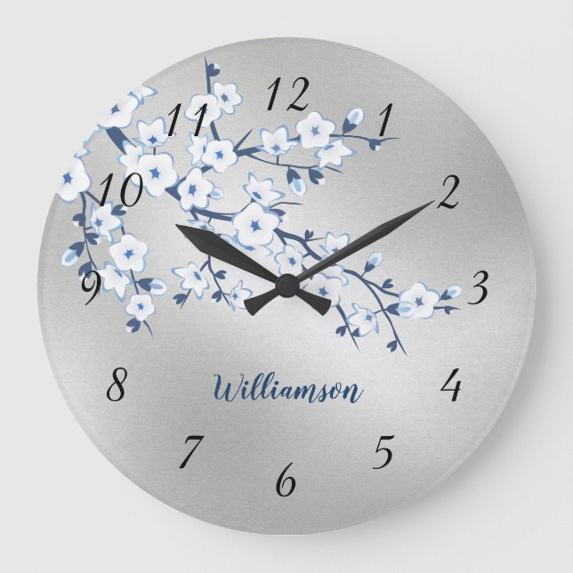 White Cherry Blossom Silver Foil Monogram Large Clock (Front)