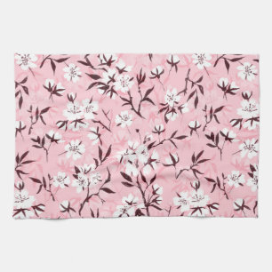 White cherry blossom tea towel