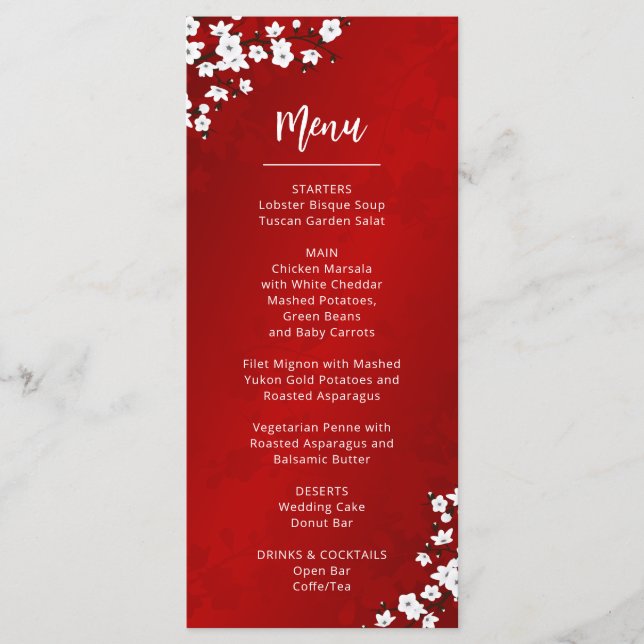 White Cherry Blossom Wedding Menu Card (Front)