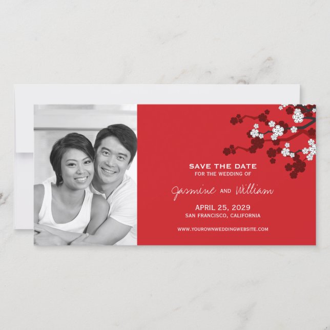 White Cherry Blossoms Asian Sakura Flowers Photo Save The Date (Front)