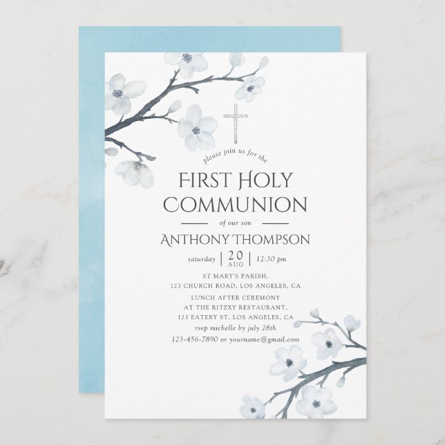 White Cherry Blossoms First Holy Communion Invitation (Front/Back)
