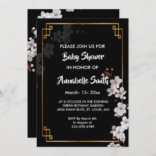 white Cherry Blossoms &golden Frame Baby Shower Invitation