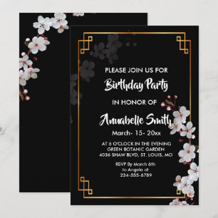 white Cherry Blossoms &golden Frame Birthday Invitation