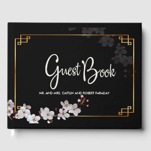 white Cherry Blossoms &golden Frame Guest Book