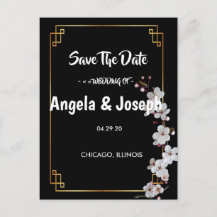 white Cherry Blossoms &golden Frame Save the Date Announcement Postcard
