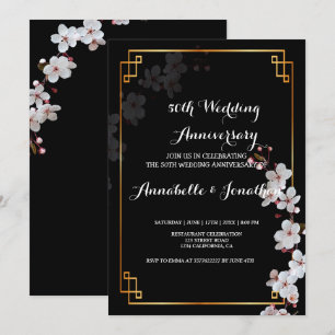 white Cherry Blossoms &golden FWedding Anniversary Invitation