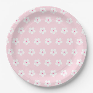 White Cherry Blossoms on Pink Paper Plate