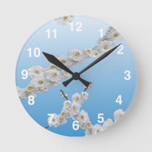 White Cherry Blossoms Round Clock