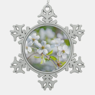 White Cherry Flower Snowflake Pewter Christmas Ornament