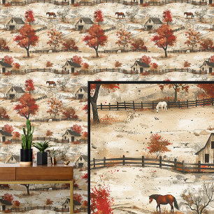 White & Chestnut Brown Horse Barn Autumn Ranch  Wallpaper