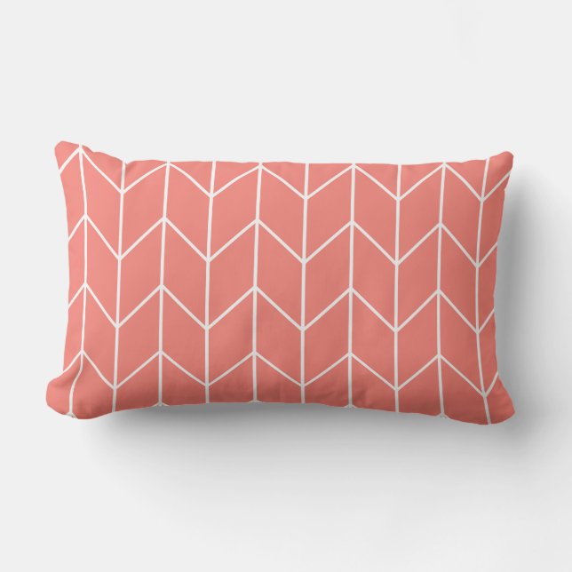 White Chevron on Coral Pink Modern Chic Lumbar Cushion (Front)