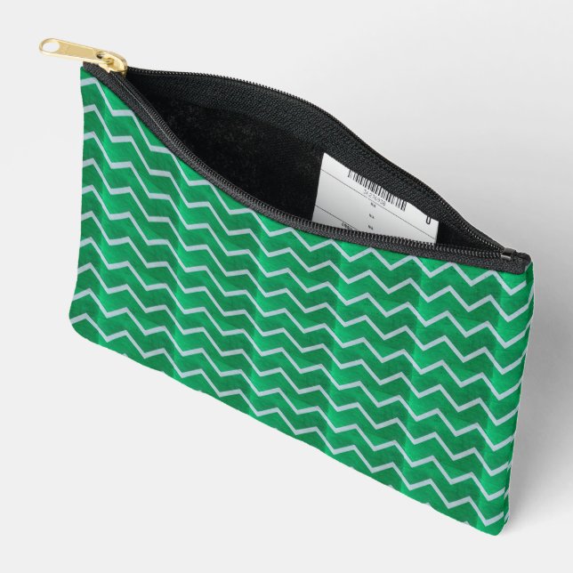 White chevron zigzag on textured green accessory pouch (Open)