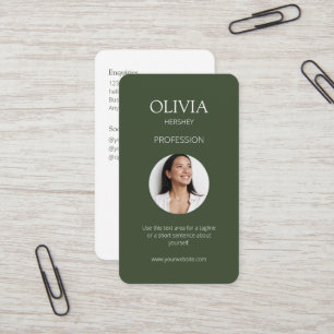 White / Chic Dark Sage Green Photo Social QR Code  Business Card