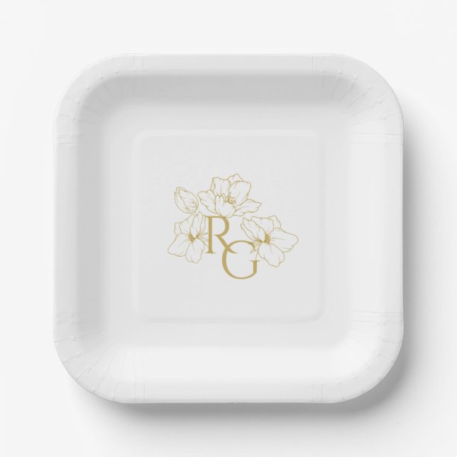White | Chic Faux Gold Monogram Wedding  Paper Plate (Front)