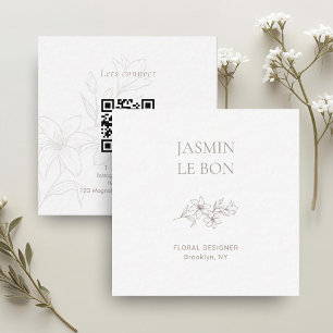 White   Chic Minimal Floral Square QR Business  Card