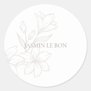 White Chic Minimalist Floral Classic Round Sticker
