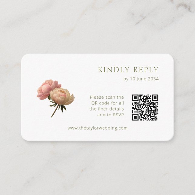 White | Chic Rose Wedding RSVP QR Code  Enclosure Card (Front)