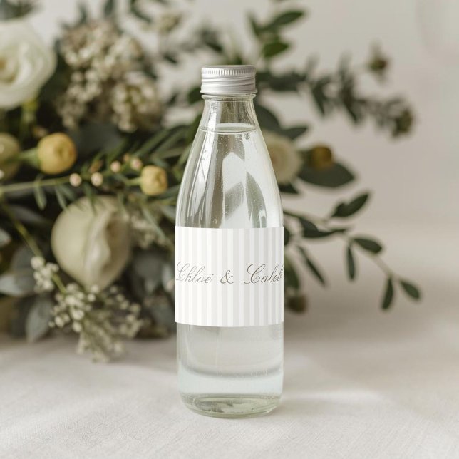 White | Chic Stripe Botanical Wedding  Water Bottle Label (Creator Uploaded)