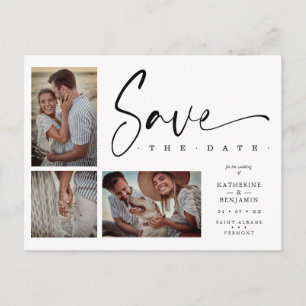 White Chic Trendy Collage Wedding 3 Photos Postcard