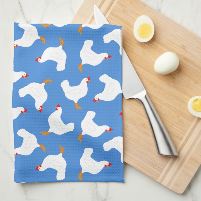 White Chickens on Blue Tea Towel (Quarter Fold)