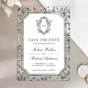 White Chinoiserie Crest Wedding Save the Date Acrylic Invitations