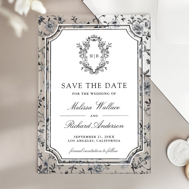 White Chinoiserie Crest Wedding Save the Date Acrylic Invitations (Creator Uploaded)