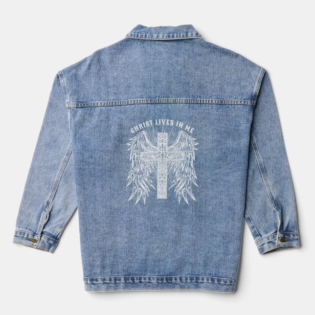 White Christ Lives in White Tattoo Winged Cross  Denim Jacket (Back)