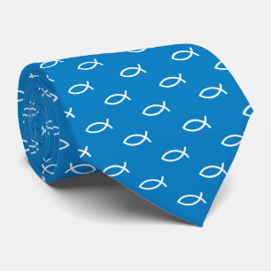 White Christian Fish Symbol Pattern   Sky Blue Tie