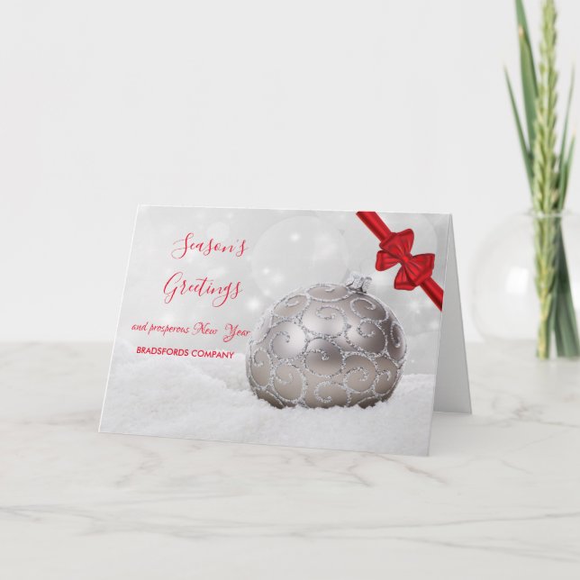 White Christmas Ball, Red Bow, Corporate Greeting Holiday Card (Front)