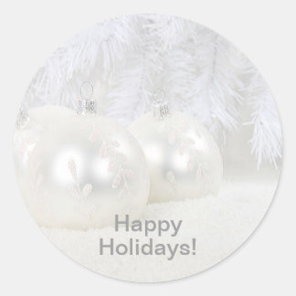 White Christmas Balls on Snow & White Background Classic Round Sticker