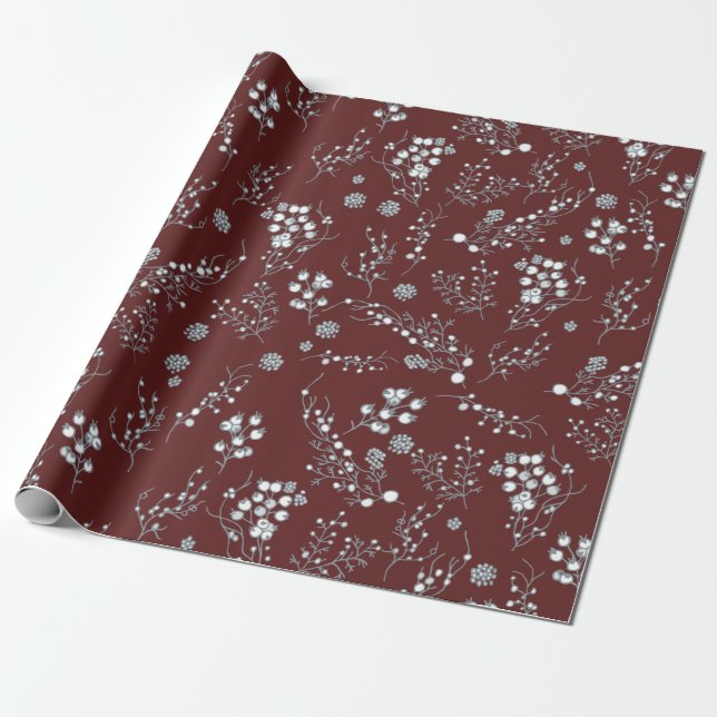 White Christmas berries pattern on velvet red Wrapping Paper (Unrolled)