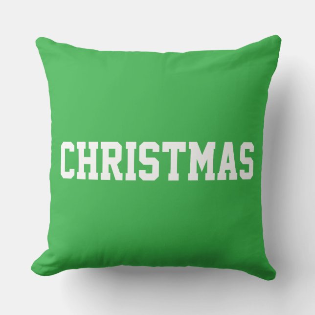 White CHRISTMAS Bold Text On Festive Bright Green Cushion (Front)