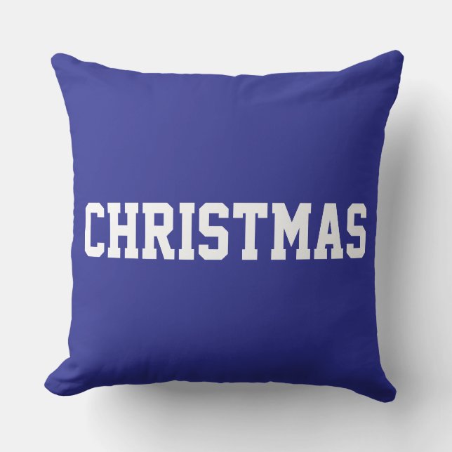 White CHRISTMAS Bold Text On Festive Deep Blue Cushion (Front)
