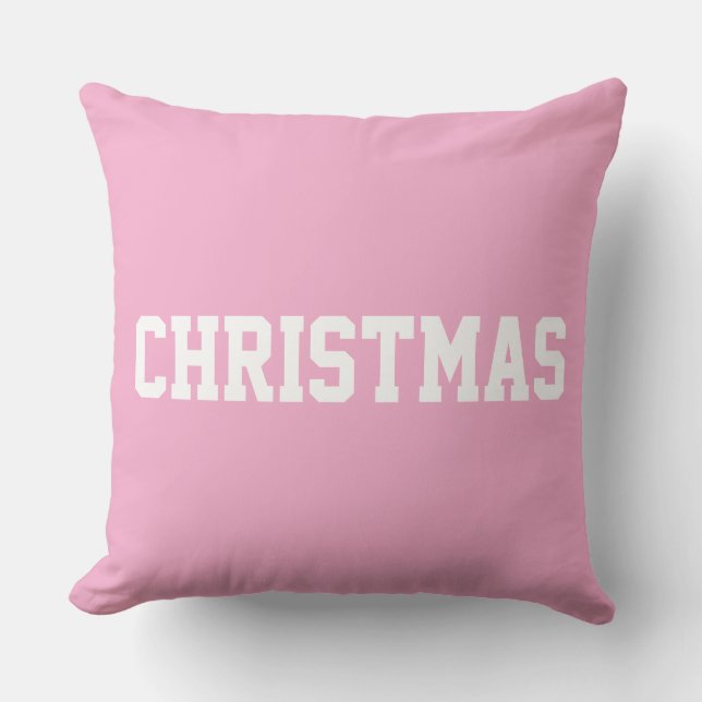 White CHRISTMAS Bold Text On Light Pretty Pink Cushion (Front)