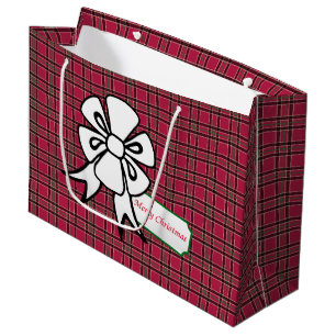 White Christmas Bow Red Plaid Holiday Gift Bag