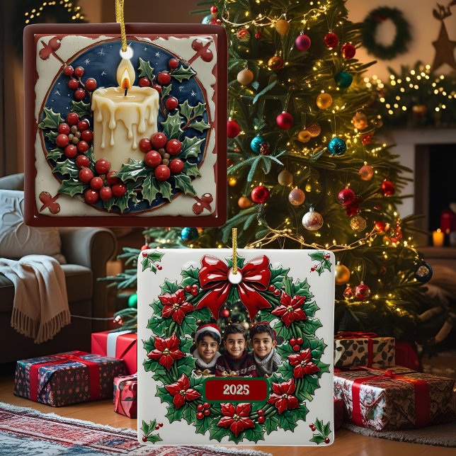 White Christmas Candle Customisable Square Ceramic Ornament (Creator Uploaded)