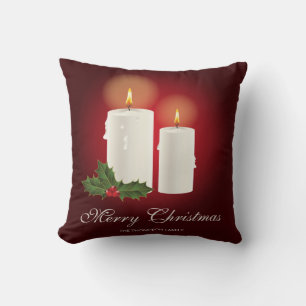 White Christmas Candles On Red With Custom Text Cushion