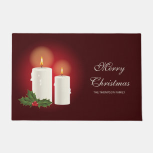 White Christmas Candles On Red With Custom Text Doormat