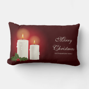 White Christmas Candles On Red With Custom Text Lumbar Cushion