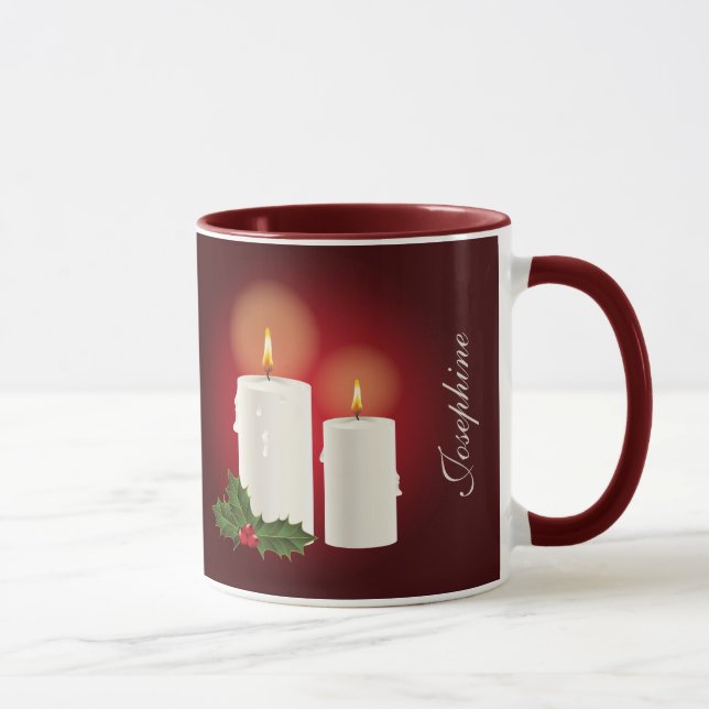 White Christmas Candles On Red With Custom Text Mug (Right)
