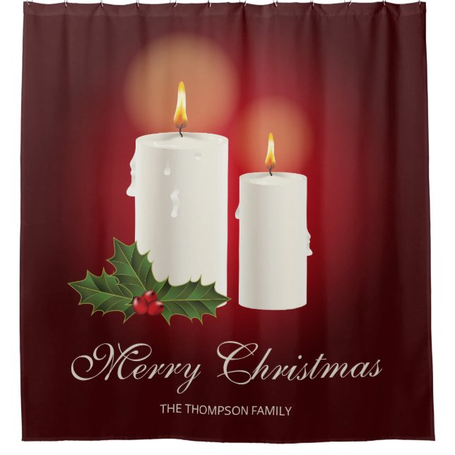 White Christmas Candles On Red With Custom Text Shower Curtain (Front)